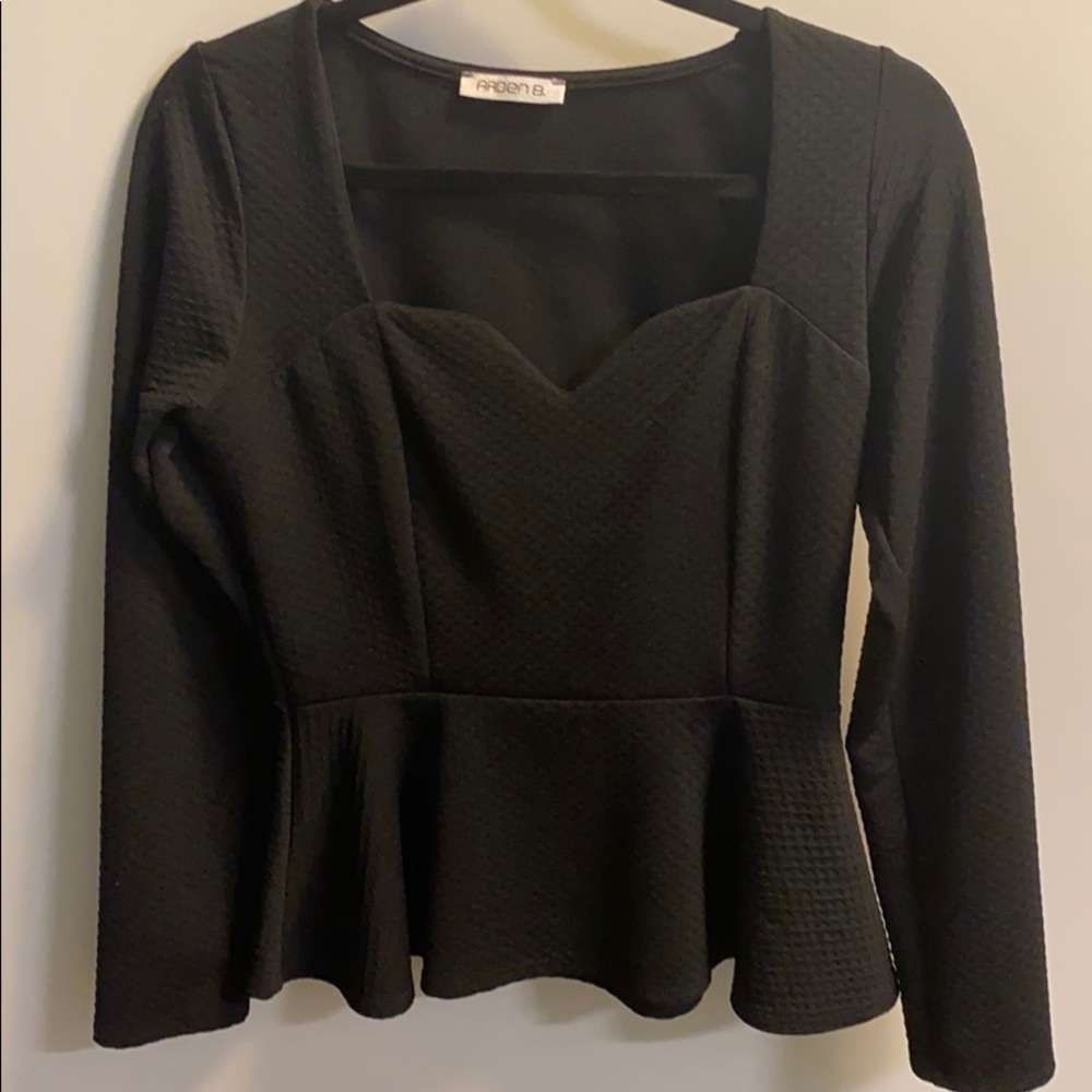 Arden B black peplum top with sweetheart neckline